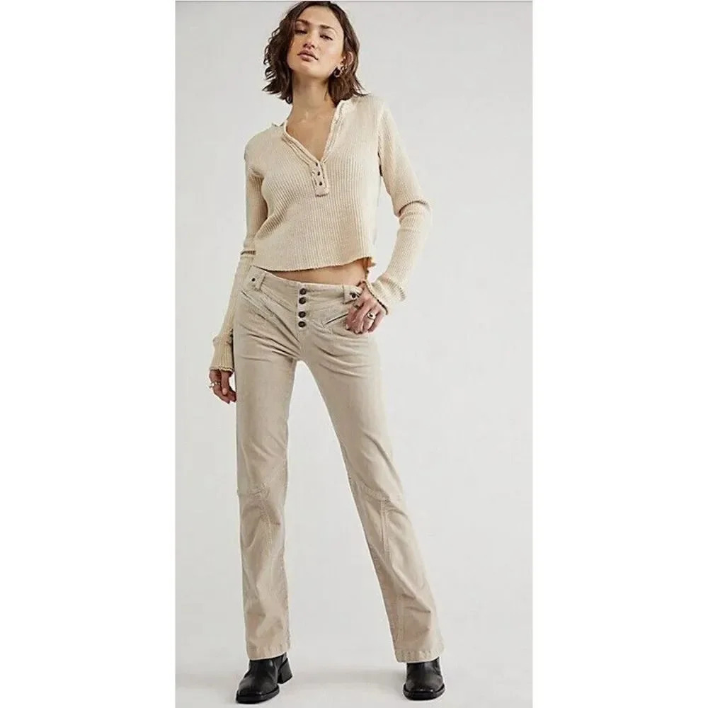 Free People Hit Back Slim Flare Pants Morning Oat Size 10
